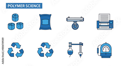 Icon set illustrating various concepts and equipment related to polymer science no background