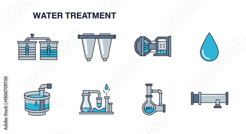 Set of 8 icons illustrating water treatment components and concepts