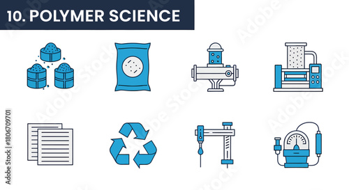 Ten blue and white icons illustrating concepts in polymer science laid out in two rows of five no background