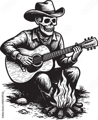 Cowboy skull playing guitar by the camp fire vector illustration