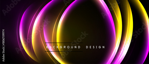 Abstract neon layers create dynamic circular glow. Vivid purple, yellow hues dominate dark background. Modern design element.