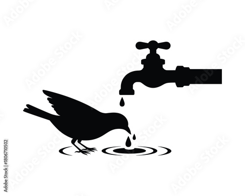 Silhouette of a bird drinking water from a leaky faucet illustration