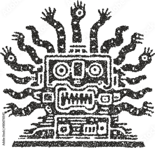 Ancient tribal robot god or totem with multiple snake-like arms, created in a complex stipple vector style inspired by Aztec mythology. A powerful sci-fi deity for fantasy themes.
