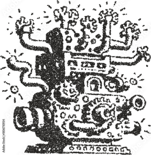 Whimsical cartoon robot or crazy movie projector machine monster, created with a fun star particle stipple vector effect. A playful character for themes of creativity, cinema, or invention.
