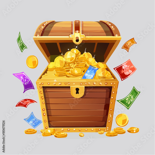 Treasure Chest Filled with Gold Coins and Money, Symbolizing Wealth and Fortune