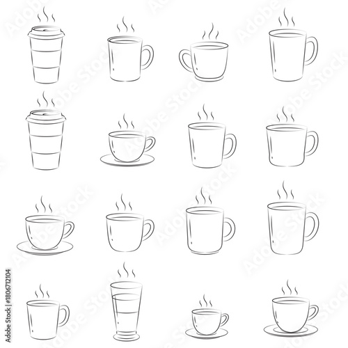 A simple, minimalist vector sketch collection featuring various styles of coffee cups and mugs, perfect for illustrating hot beverages. The line art captures the essence of a warm drink with gentle st