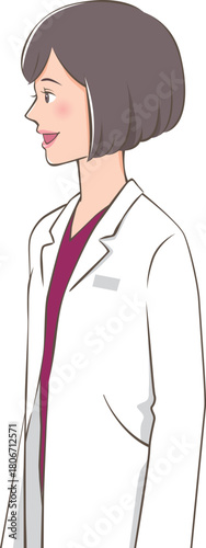 白衣を着た若い女性が横向き