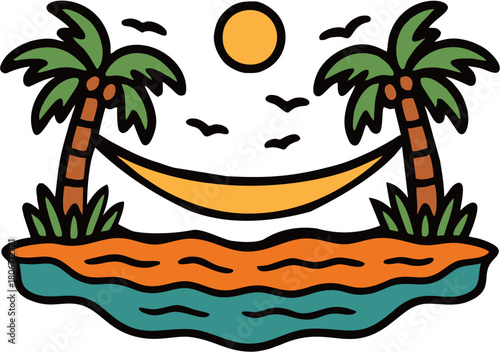 Tropical Island Hammock Illustration with Palm Trees and Sunset
