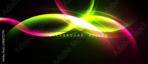 Abstract neon waves, vibrant colors blend. Dark background emphasizes glowing curves, creating dynamic visual effect. Modern design element.
