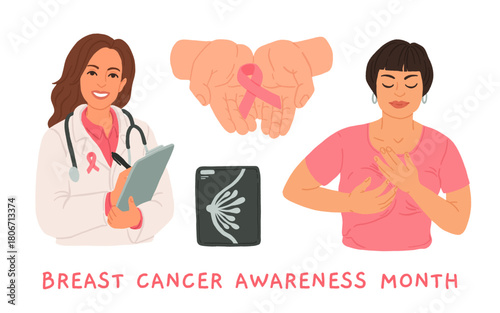 Breast cancer awareness month illustration with doctor, pink ribbon, mammogram scan and woman doing self examination, medical support and health prevention campaign in soft flat cartoon vector 