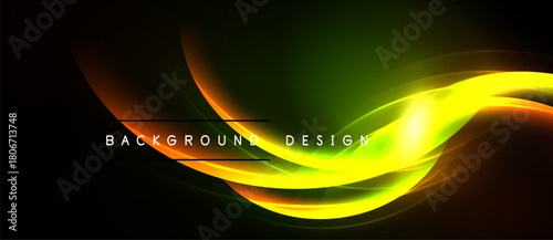 Abstract vibrant waves, flowing lines. Bright yellow, orange, green hues contrast dark background. Modern design element.