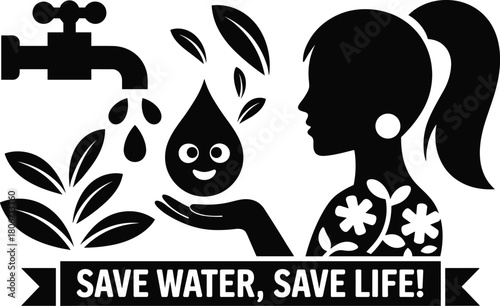 Save water save life silhouette illustration with woman tap and water drop