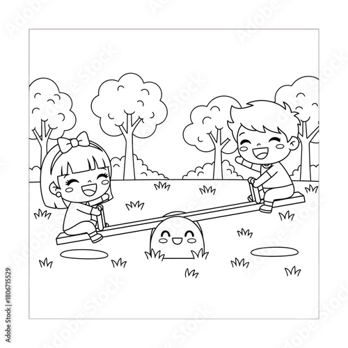Children on seesaw in park coloring page vector illustration
