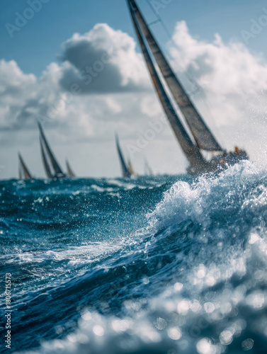 Dynamic ocean waves with blurred sailboats racing in the background under a bright blue sky dotted with fluffy white clouds on a sunny day