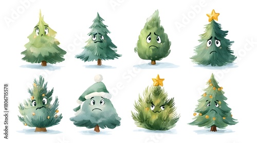 Cute watercolor Christmas trees with sad and funny facial expressions, festive winter holiday character set for cards, stickers and decorations