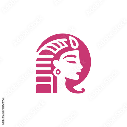 A stylized Egyptian woman profile illustration featuring elegant lines, traditional headdress elements, and bold pink coloring