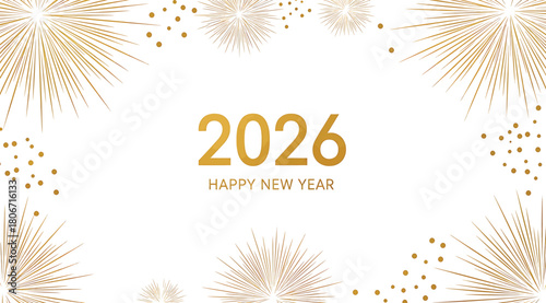 Ring in the new year with this elegant 2026 background, featuring golden fireworks on a white backdrop, perfect for invitations and festive designs isolated on