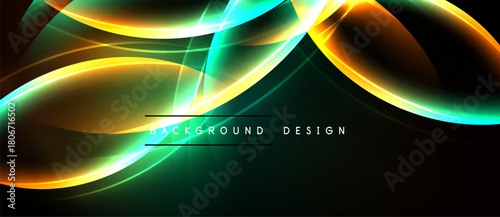 Abstract flowing lines, vibrant colors. Dynamic curves create modern background design. Teal, orange, yellow hues dominate dark space.