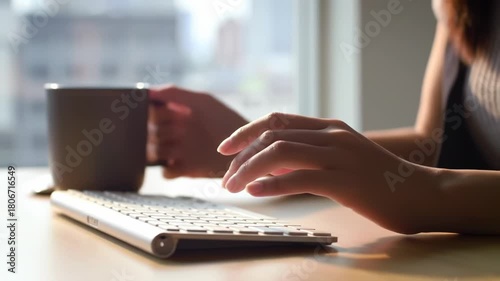 Close-up of hands typing on a keyboard, with a coffee mug in the background, near a window, natural light