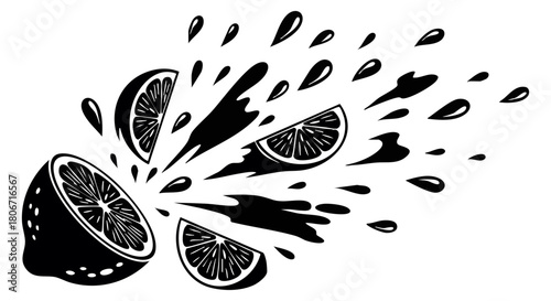 Lemon splash vector icon. Black and white citrus fruit illustration with exploding juice. Fresh silhouette logo for lemo