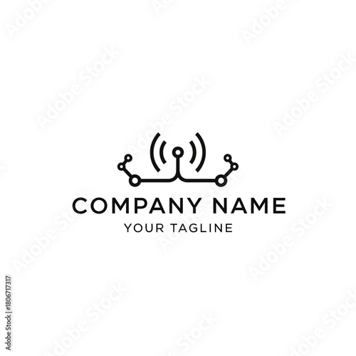 Minimalist logo with antenna and circuit board design.
