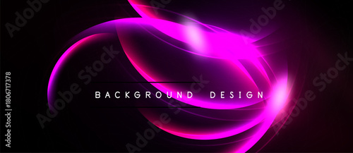 Abstract pink neon glow curves over black background. Modern design element, dynamic lighting effect, stylish presentation.