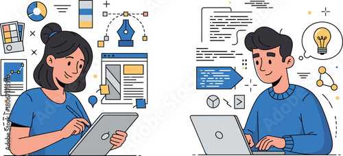 Digital teamwork illustration, graphic design, coding concept, creative professionals, stylus tablet, laptop work, tech icons, modern workflow