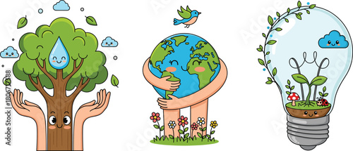 Eco-friendly cartoon illustration, sustainability concept, green energy, save Earth, nature care, water conservation, happy planet, light bulb ecosystem
