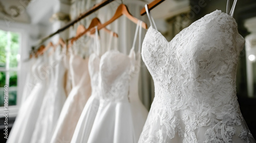Wedding dress studio, close-up of wedding dresses