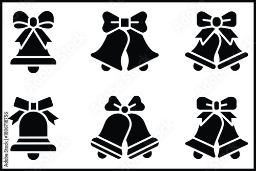 Christmas bells with bows vector icon set; festive holiday decor isolated on white background, Vector