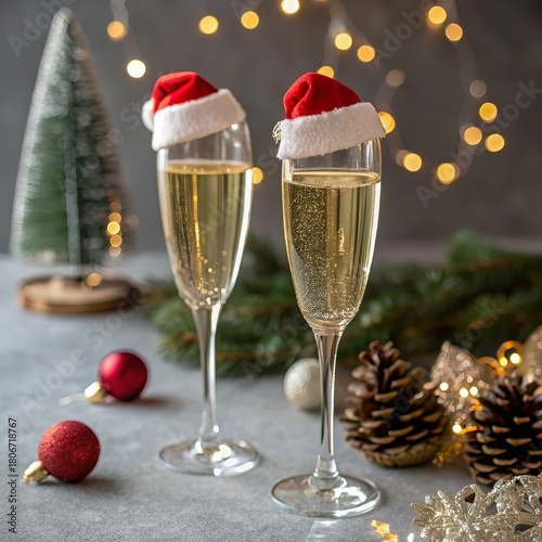 Festive Champagne Toast with Christmas Hats on Glasses, Soft Holiday Blur, Elegant Winter Styling