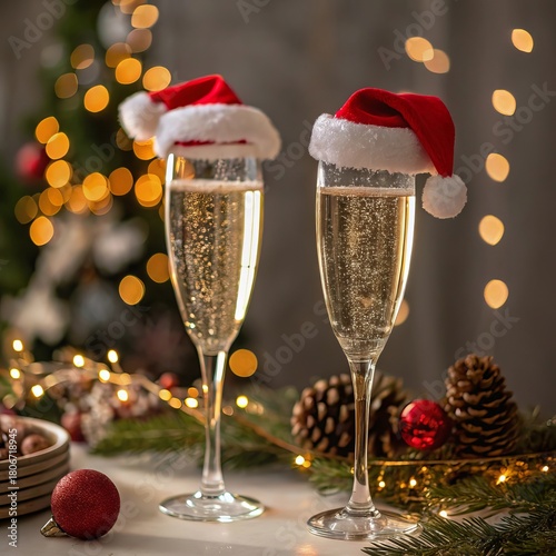 Christmas Eve Celebration: Two Sparkling Champagne Glasses Decorated with Tiny Holiday Hats