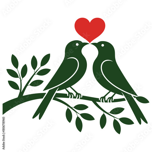 Two green birds kissing under a red heart on a branch