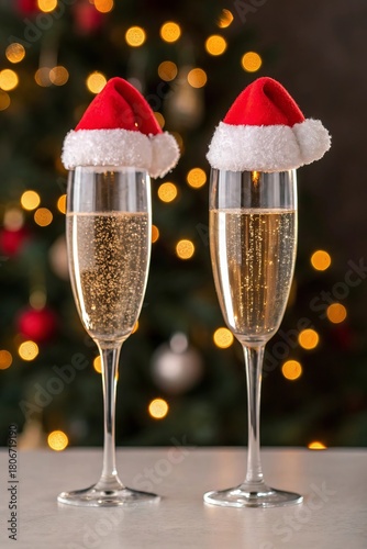 Festive New Year Toast: Champagne with Red and Green Christmas Hats, Soft Winter Background