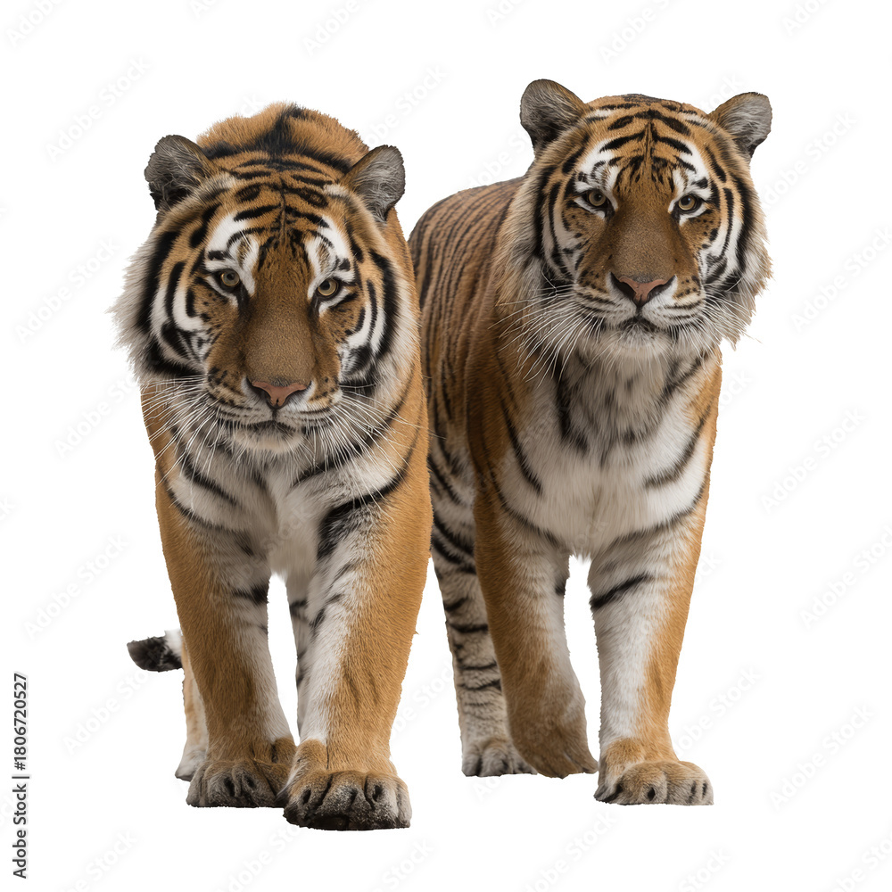 Fototapeta premium Two tigers walking side by side on transparent background