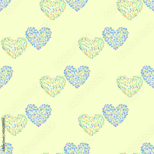 Hearts pattern repeating seamlessly, made from little wildflowers. Blue, purp...