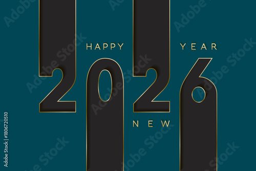 2026 Happy New Year stylish banner vector design in teal, black, gold