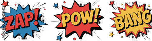 Comic sound effect illustration, ZAP POW BANG text burst, retro pop art style, action words, colorful explosion graphics, superhero theme, comic book design