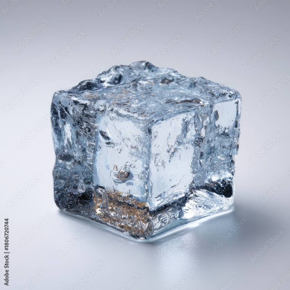 Obraz premium Clear, square ice cube on a light gray background