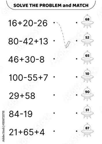Rockets. Addition and subtraction. Black and white. Solve the problem. Educational preschool game for kids. Isolated vector illustration eps 10
