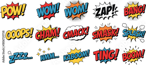 Comic sound effects, onomatopoeia explosion, retro pop art, colorful comic words, dynamic typography, cartoon action text, comic book style, graphic design elements, vibrant layout