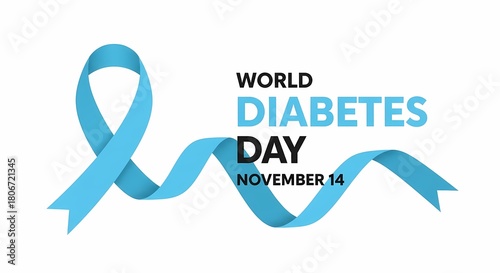 World diabetes day banner with blue ribbon isolated on white background