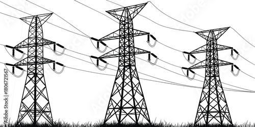 Electricity transmission towers, high voltage pylons, power lines infrastructure, energy grid, lattice steel structure, rural landscape, utility poles, industrial electricity distribution system