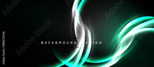 Abstract flowing lines create dynamic teal, white shapes against dark background. Modern design element for digital projects.