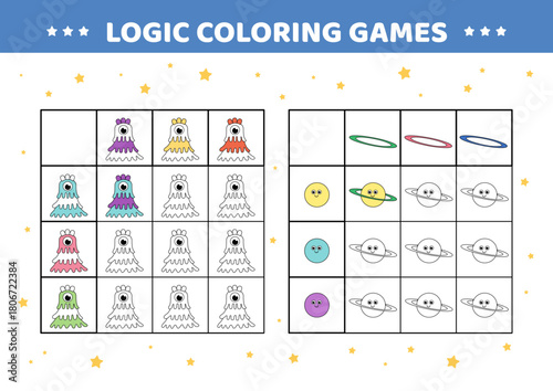 Logic coloring game with space pictures. Color in correct color. Activity for kids in kindergarten and preschool. Isolated vector illustration eps 10