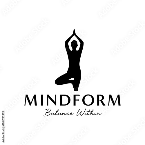 Graceful yoga tree pose silhouette with clean minimal styling, perfect for wellness, balance, and mindful lifestyle branding. Editable Vector File
