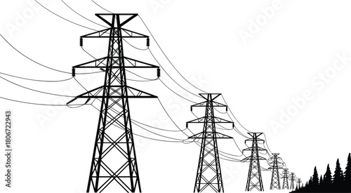 High voltage transmission towers, electric power lines, energy infrastructure, utility pylons, electricity grid, industrial landscape, power distribution, rural network