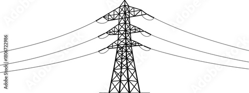 High voltage transmission tower, power pylon illustration, lattice structure, energy infrastructure, electric grid, monochrome outline, industrial design, electricity distribution,