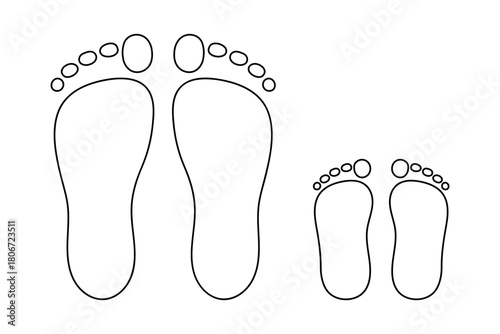 Footprint, leg silhouette adult and child doodle line drawing. Hand drawn outline bare foot. Vector isolated illustration