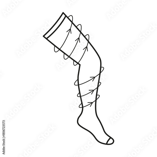 Compression stocking, socks on leg with circular arrows, line icon. Treatment varicose veins on foot. Medical therapy, rehabilitation clothes. Vector linear illustration